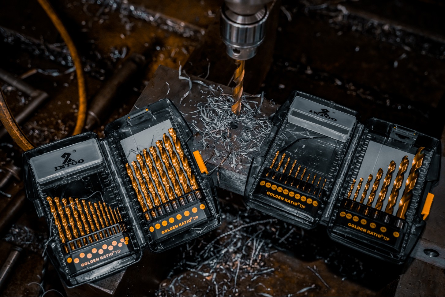 INTOO Golden Ratio Tip drill sets in a metal drilling application